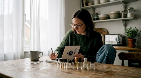 Woman tracking fragrances at dining table