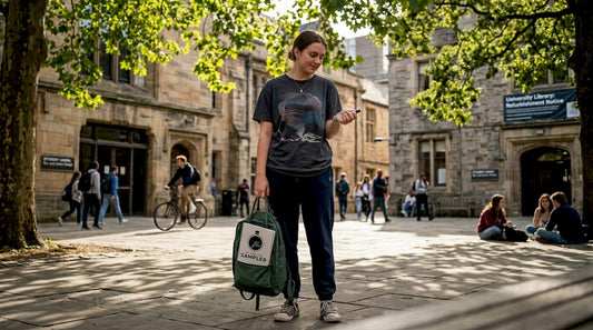 Student applying fragrance in campus dorm hallway