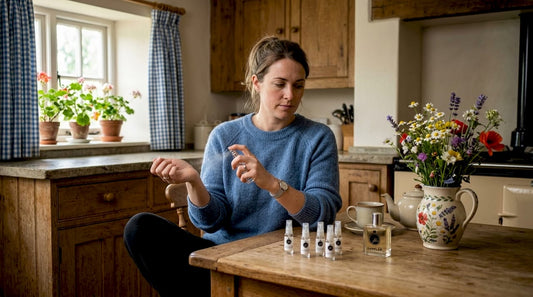 Woman testing fragrance decant at kitchen table
