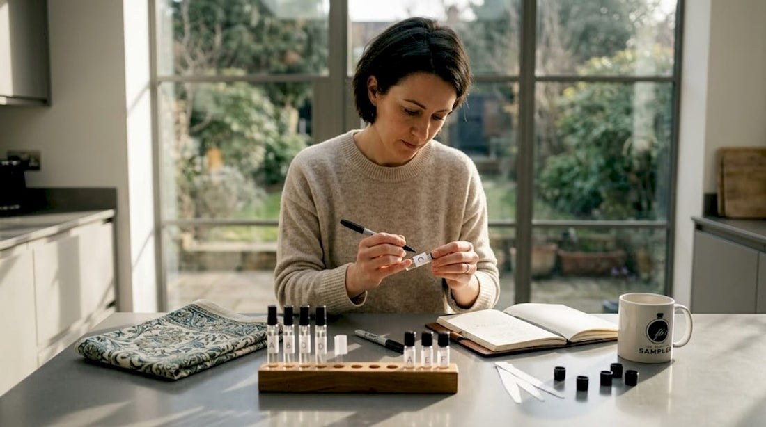 Woman preparing fragrance trial samples at kitchen table