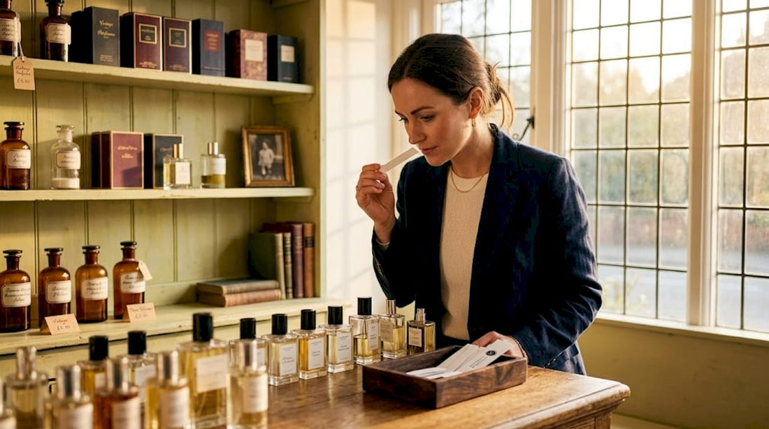 Woman testing perfumes at department store counter