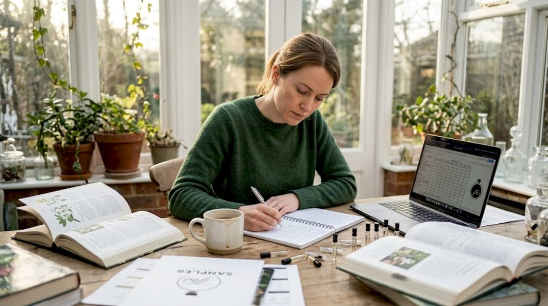 Learner studying fragrances at home table