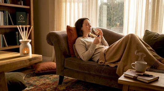 Woman smelling autumn essential oil at home