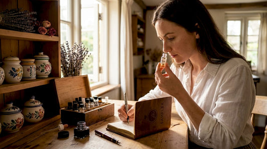 Perfumer smelling musk vial in studio