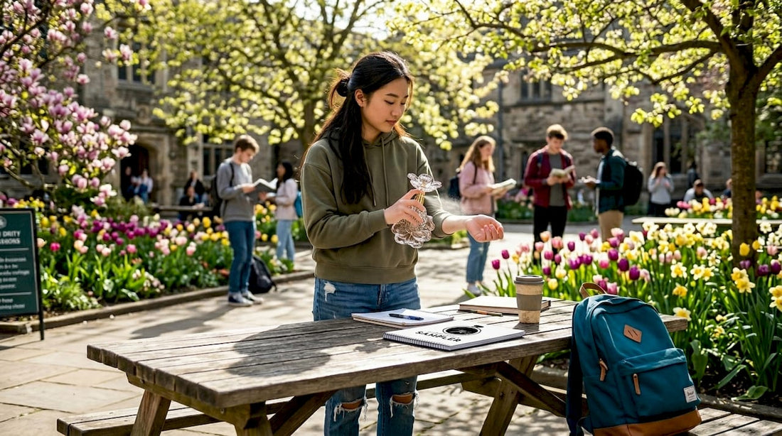 Student applying fragrance outdoors on campus