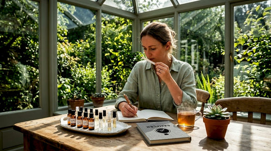 Woman sampling perfumes at home table