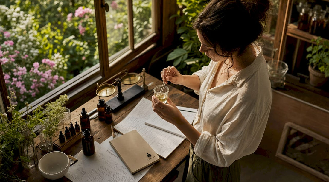 Perfumer blending fragrance oils in glassware