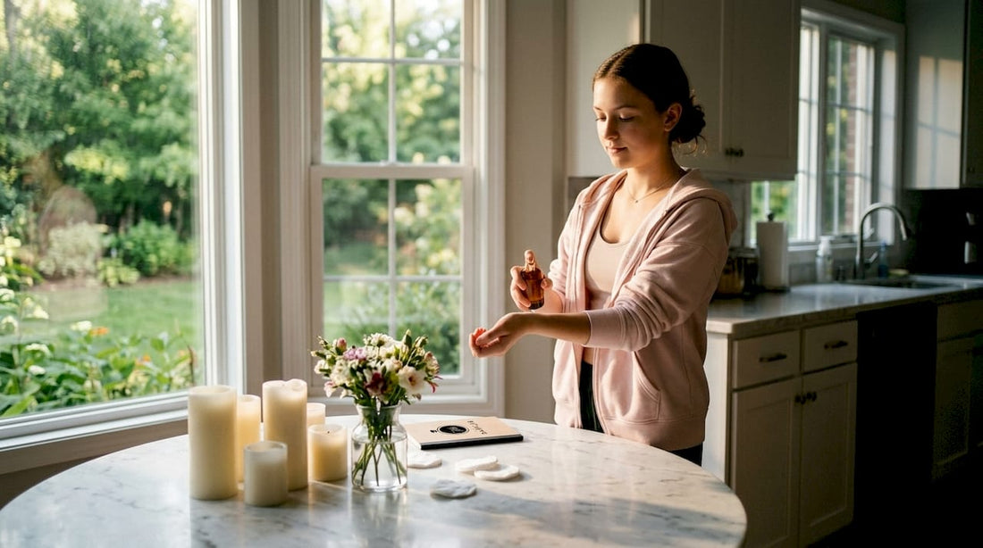 Teen applying fragrance sample on wrist