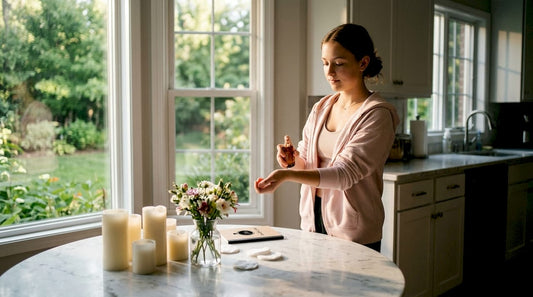 Teen applying fragrance sample on wrist