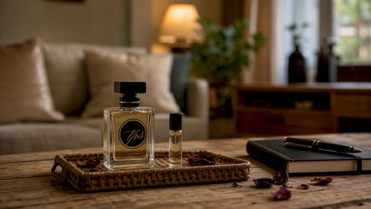 Full perfume bottle and sample vial side by side on vanity