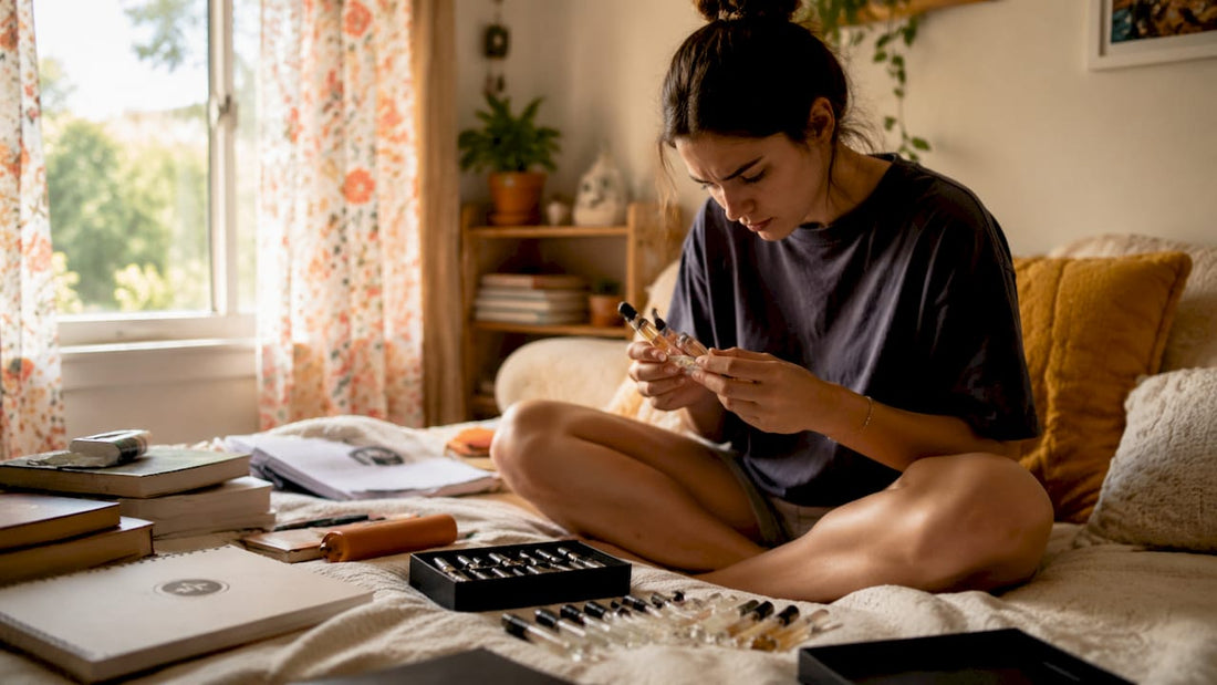 College student testing fragrance samples at desk