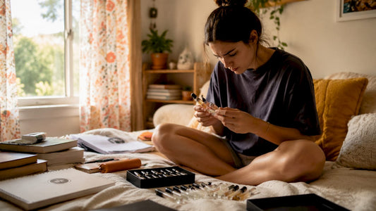 College student testing fragrance samples at desk