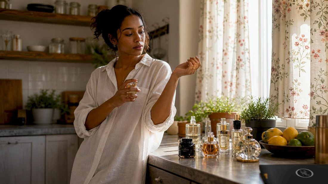 Woman testing romantic fragrance at vanity