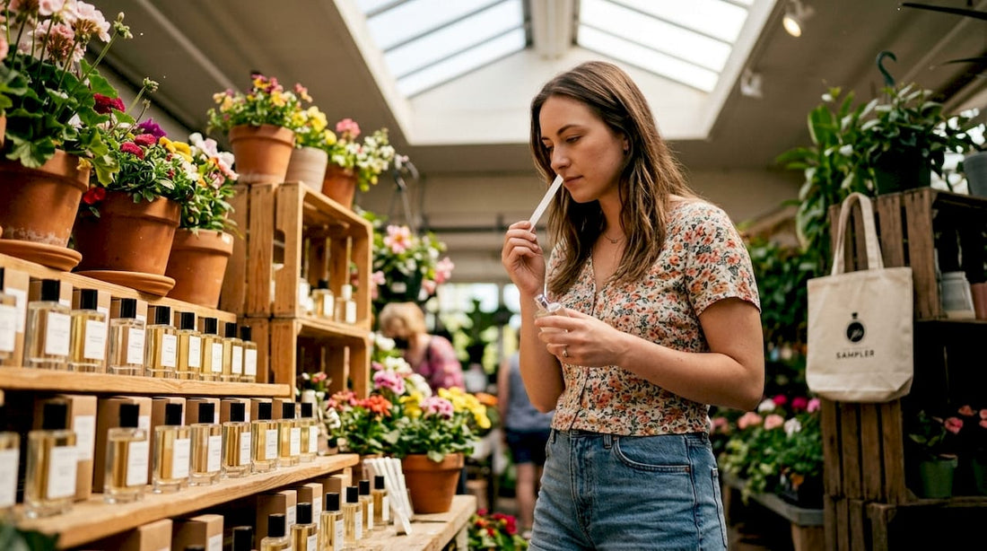 Woman choosing budget fragrance in store