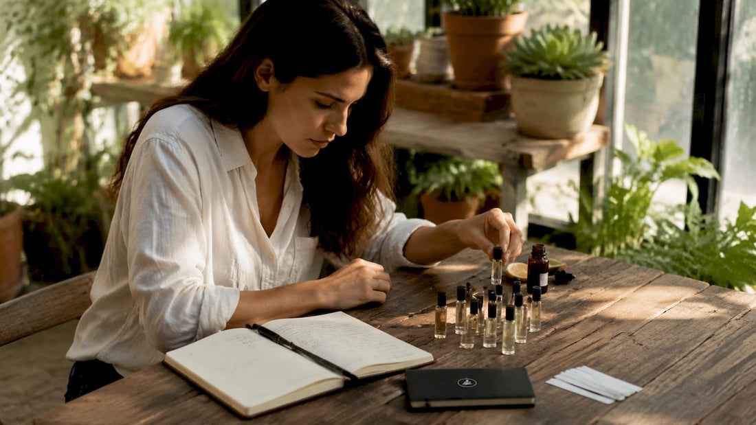 Woman sampling citrus fragrance samples at table