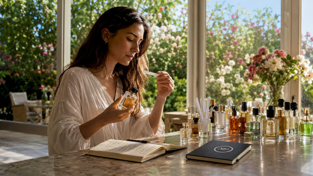 Woman smelling perfume at home table