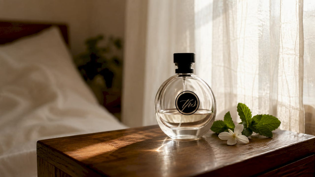 Minimalist transparent fragrance bottle with flowers