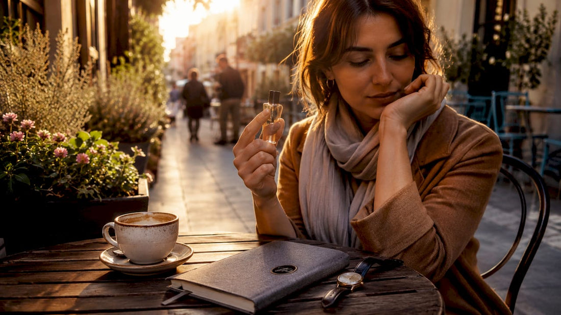 Woman testing fragrance sample in café morning light