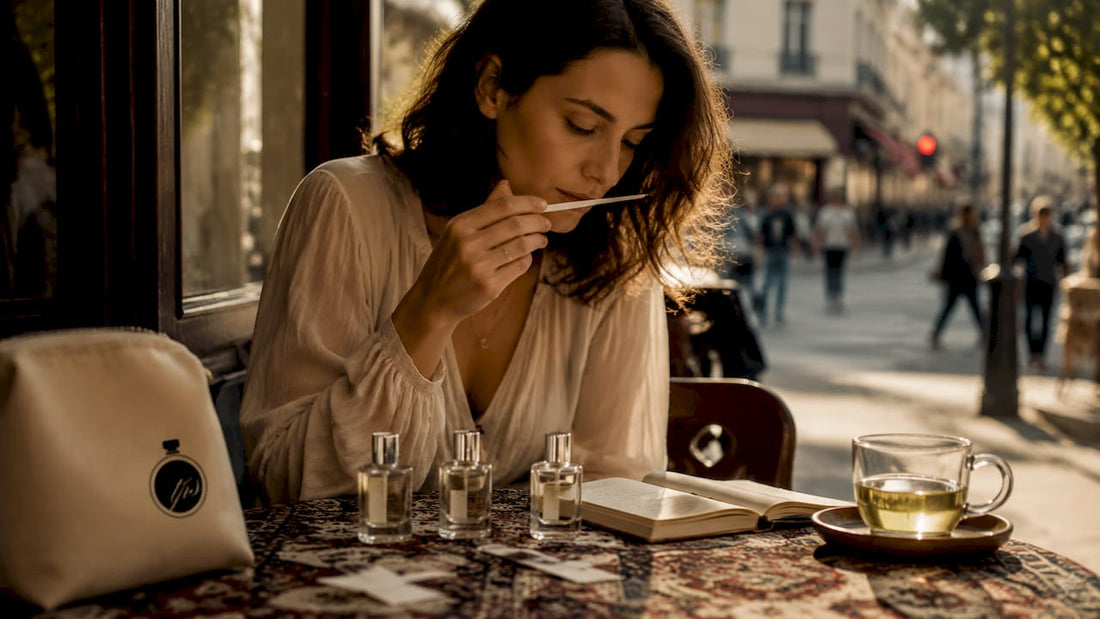 Woman sampling starter fragrances at kitchen table