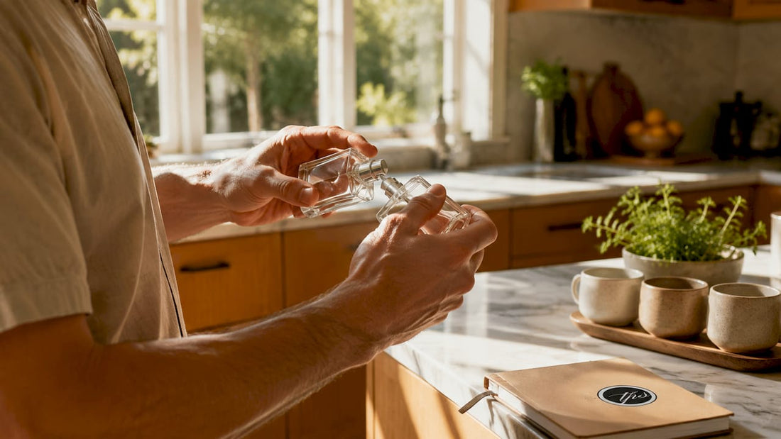 Hands decanting perfume via sprayer-to-sprayer method