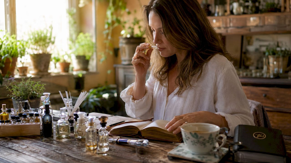 Person documenting fragrance review at home desk