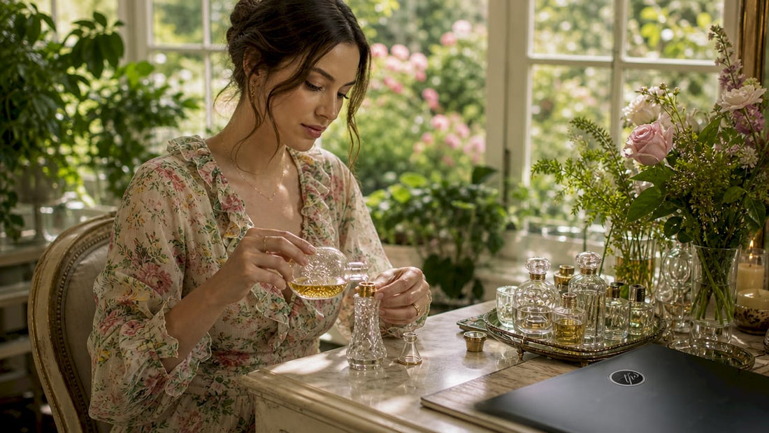 Woman decanting perfume into vial at home vanity