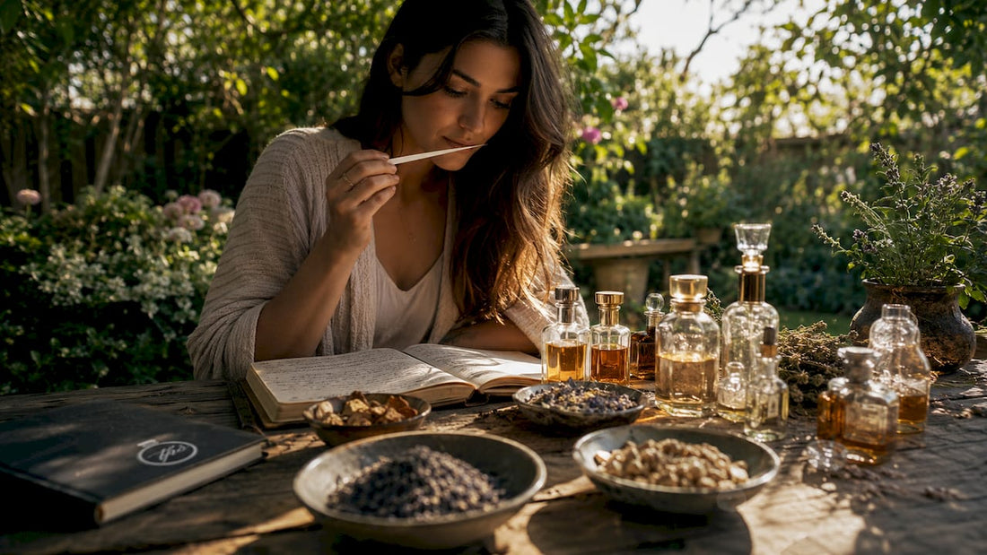 Woman testing perfume scents on blotter strips