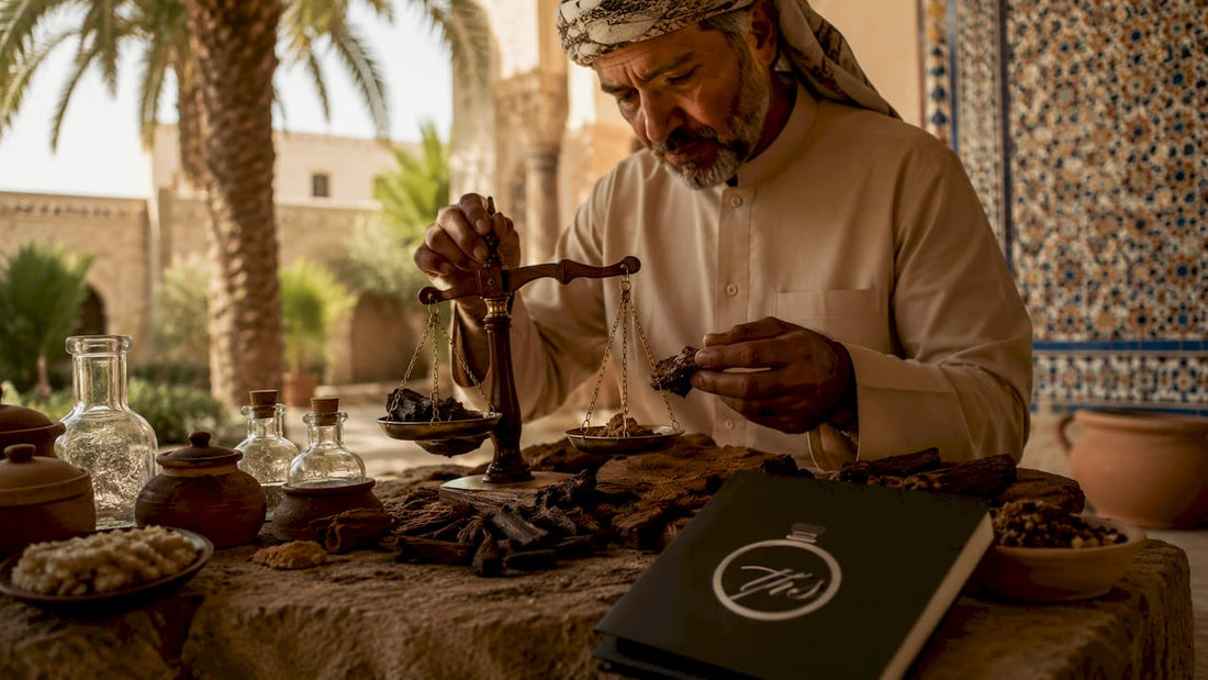 Perfumer working with raw oud resin in traditional workshop