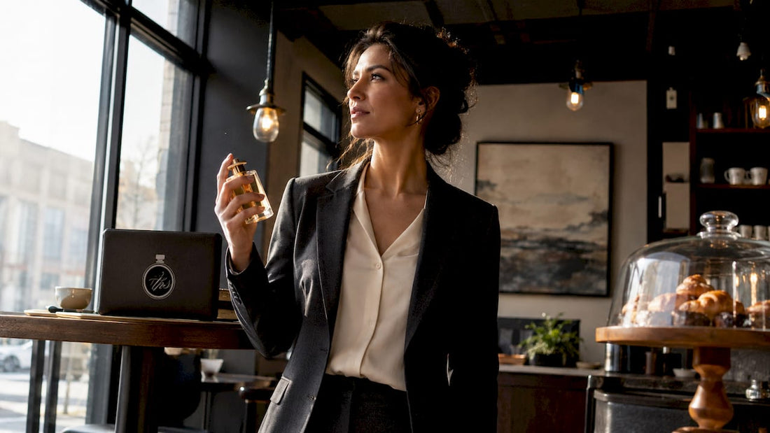 Businesswoman holding perfume bottle in boutique