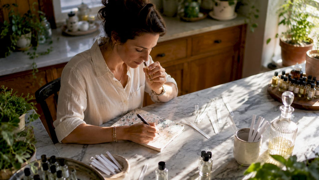Artisan perfumer smelling vial in cozy lab