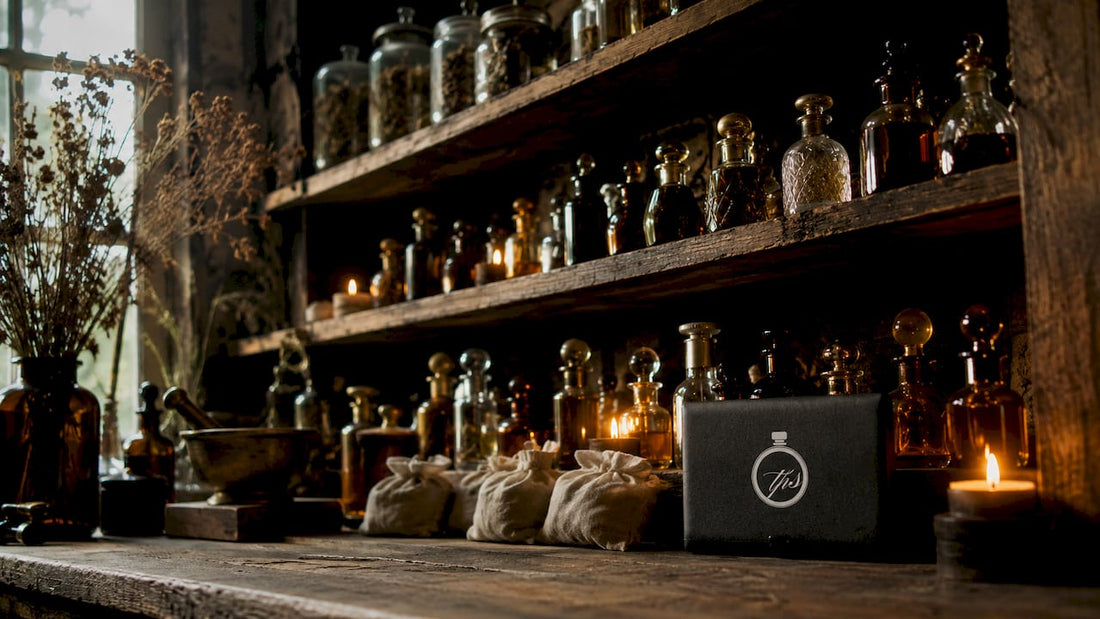 Amber fragrance bottles on boutique shelf