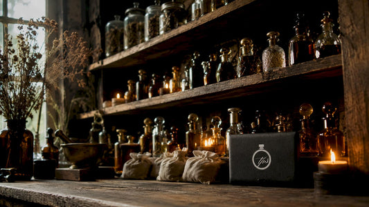 Amber fragrance bottles on boutique shelf