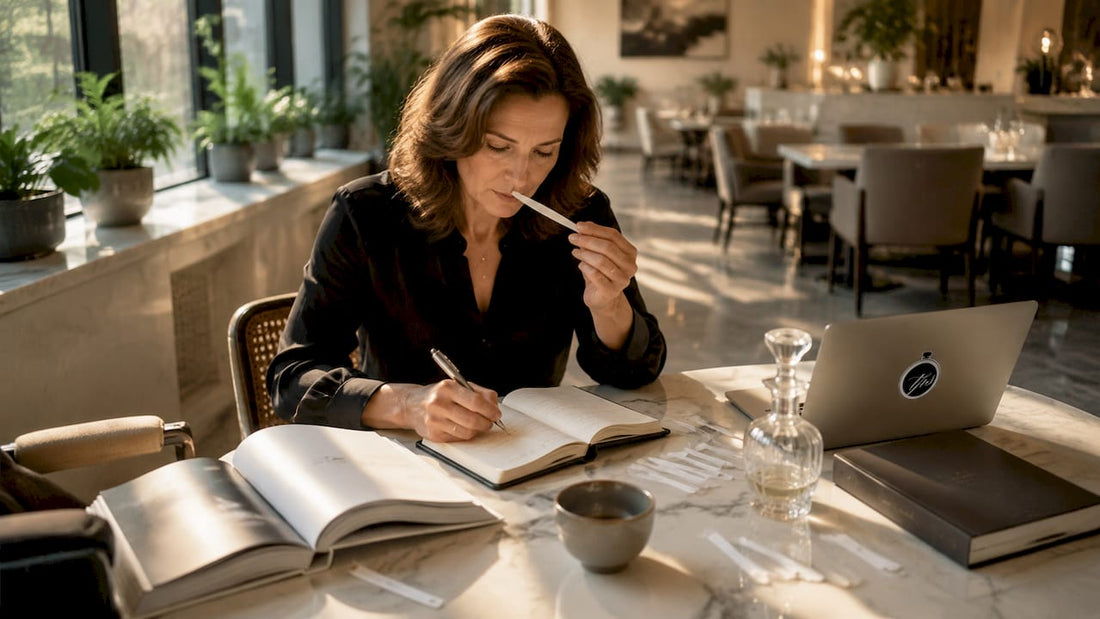Fragrance expert sampling rare perfumes at home