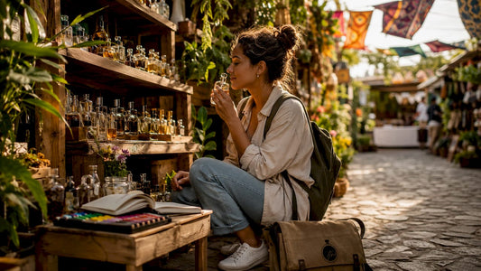 Student smelling affordable fragrance bottle