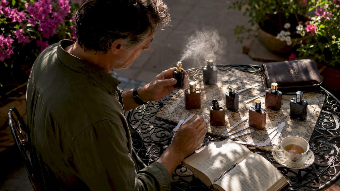 Man reviewing leather fragrance bottles at home
