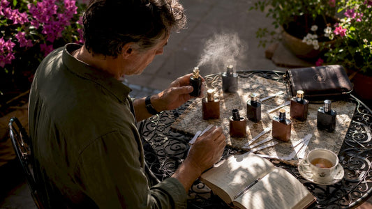Man reviewing leather fragrance bottles at home