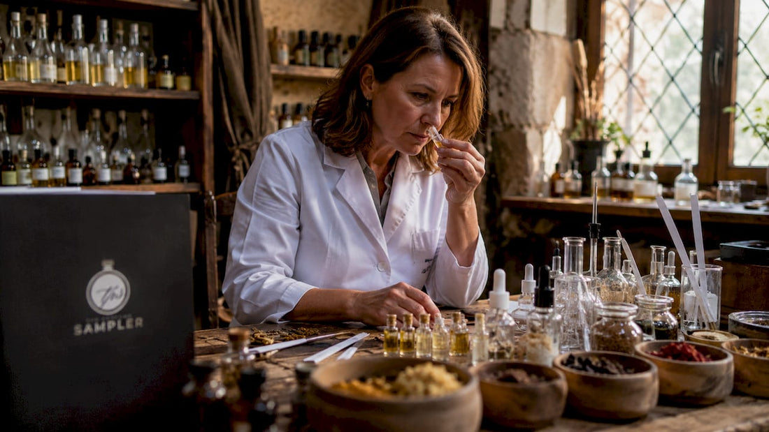 Perfumer blending scents in fragrance atelier studio
