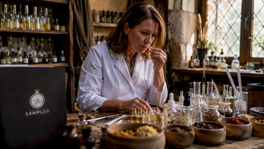 Perfumer blending scents in fragrance atelier studio