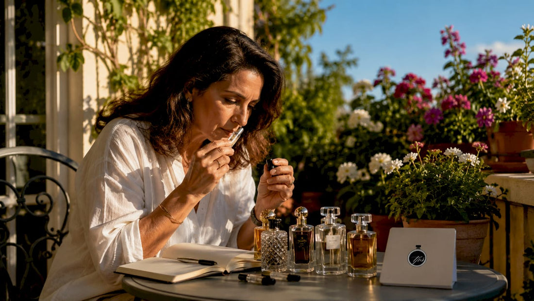 Woman smelling and reviewing perfume bottles