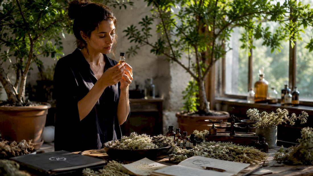Perfumery expert examining oakmoss ingredient