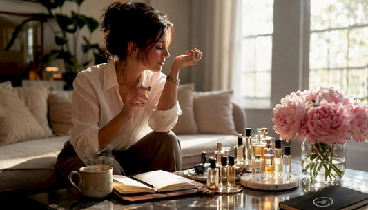 Woman sampling perfumes at home desk