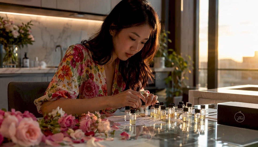 Woman organizing fragrance sample collections