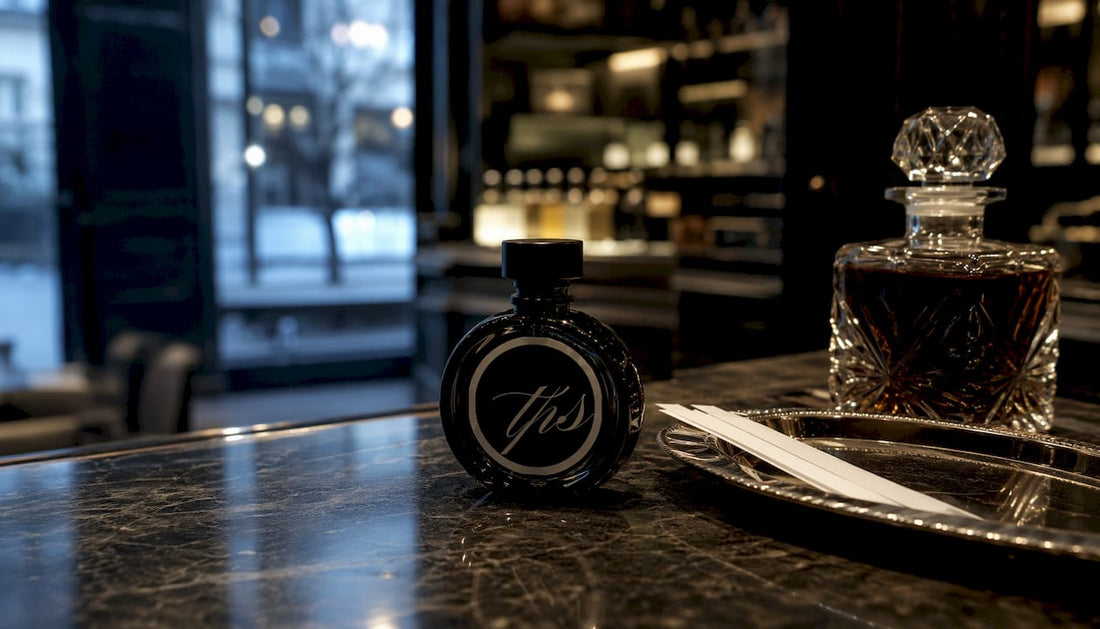 Dark fragrance bottle on wooden counter