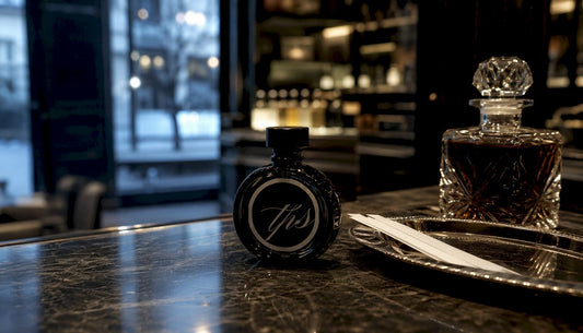 Dark fragrance bottle on wooden counter