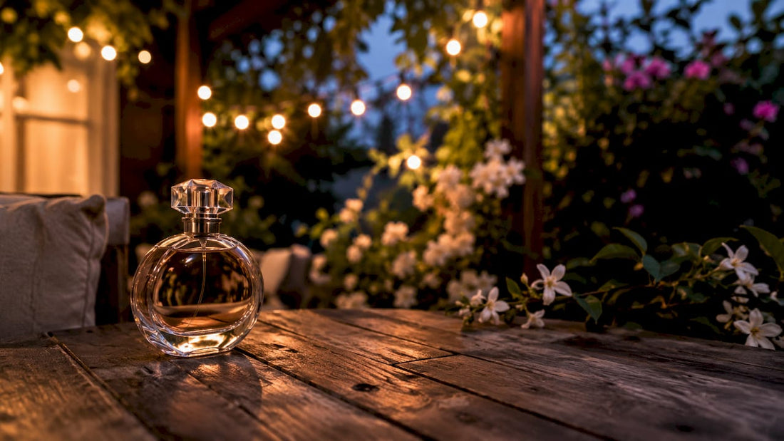 Elegant perfume bottle on rooftop at dusk