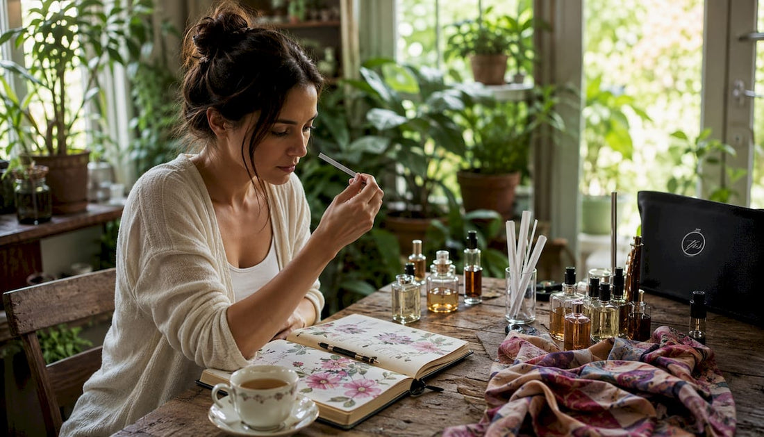 Woman testing fragrance samples at home