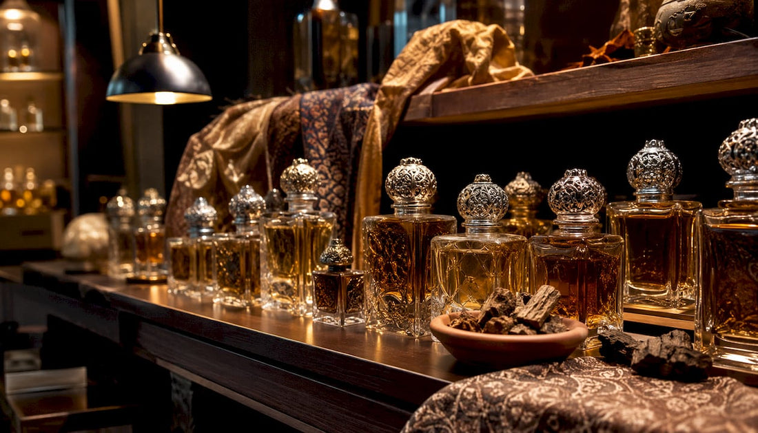 Close-up of rare oud fragrance bottles on wooden shelf