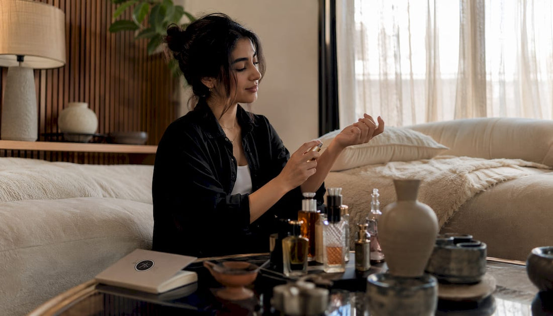 Woman applying solid perfume on wrist indoors