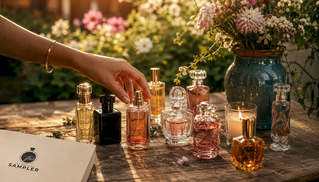 Overhead of perfume bottles and mood sketches on table