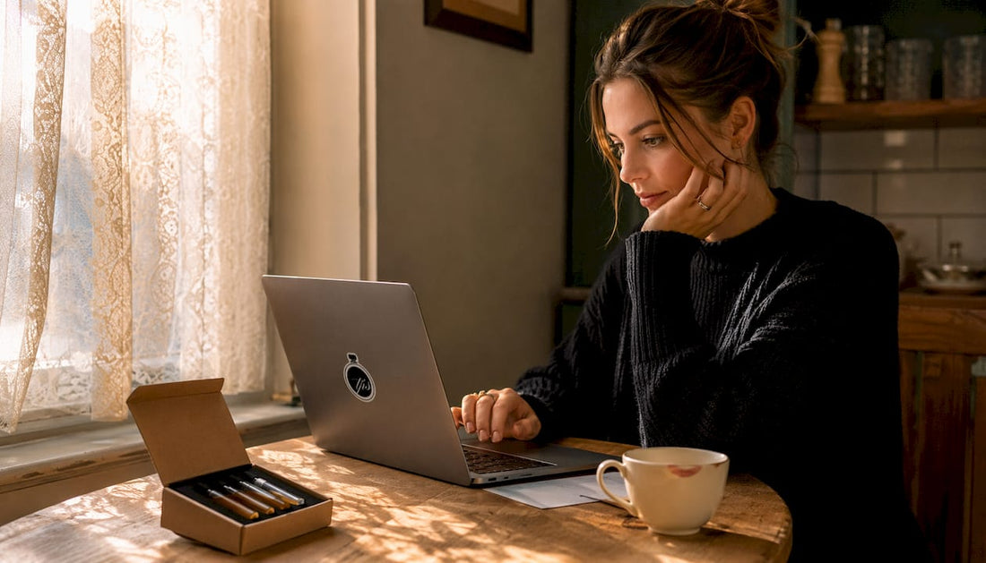 Woman browsing UK fragrance samples at kitchen table